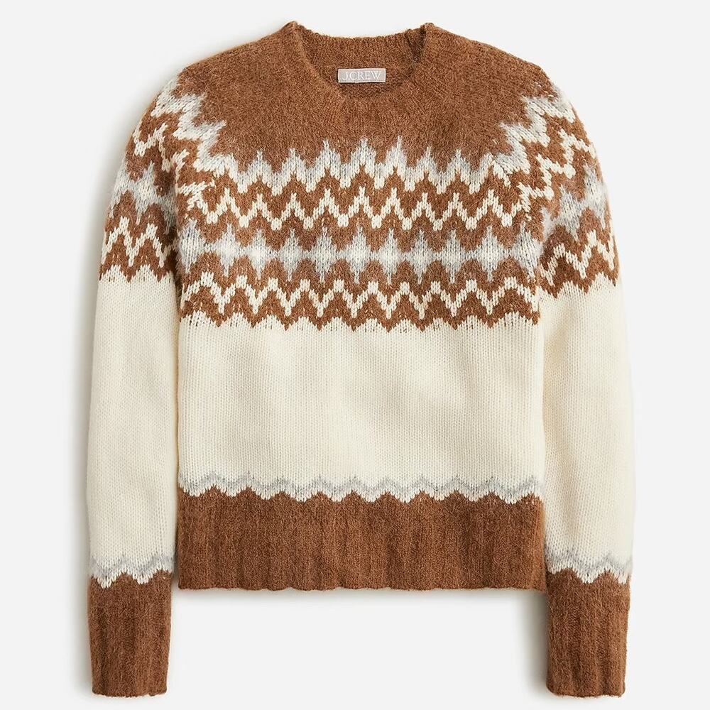 J.Crew Fair Isle Crewneck Brushed Wool Alpaca Sweater Brown Ivory Gray M BV353